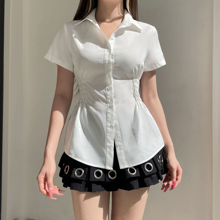 Damen figurbetonte Kurzarmbluse mit Raffung und Knopfdetails Drune
