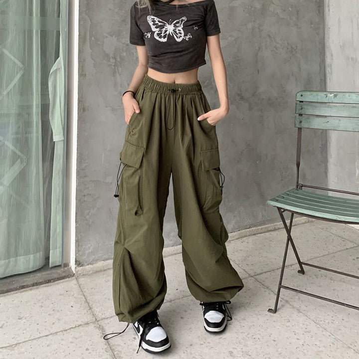 Damen nan weite Cargo-Hose mit Tunnelzugbund, verstellbarem Saum und Mehrfachtaschen Drune