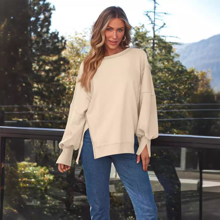 Damen Lässiger Oversize-Sweatshirt mit weitem Kragen und Seitenöffnungen Drune