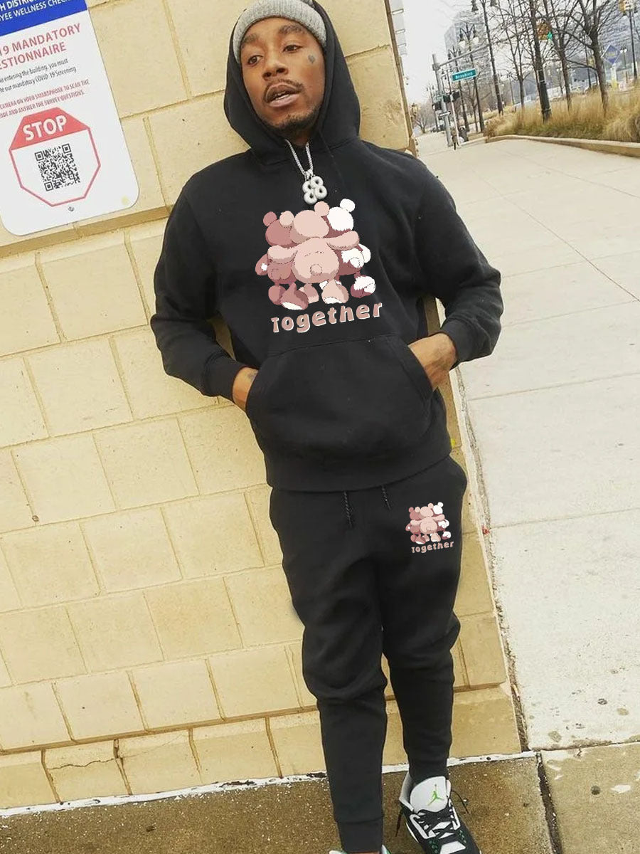 Damen Hoodie- und Jogginghose-Set mit kreativem Bärenmotiv und Kängurutaschen Drune