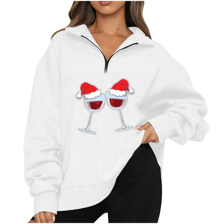 Damen Oversized Pullover mit Reißverschluss und fröhlichem Party-Motiv Drune