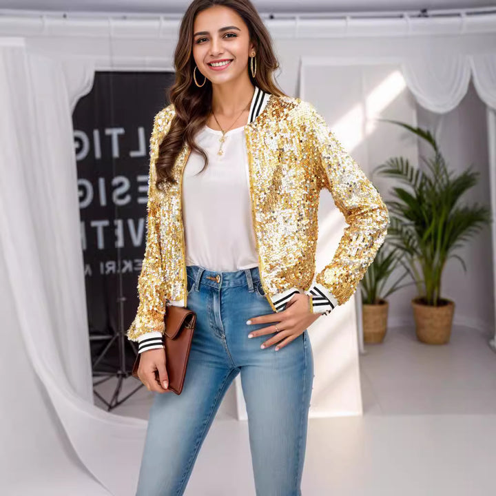 Damen Glitzernde Bomberjacke mit sportlichen Streifen und Pailletten-Besatz Drune