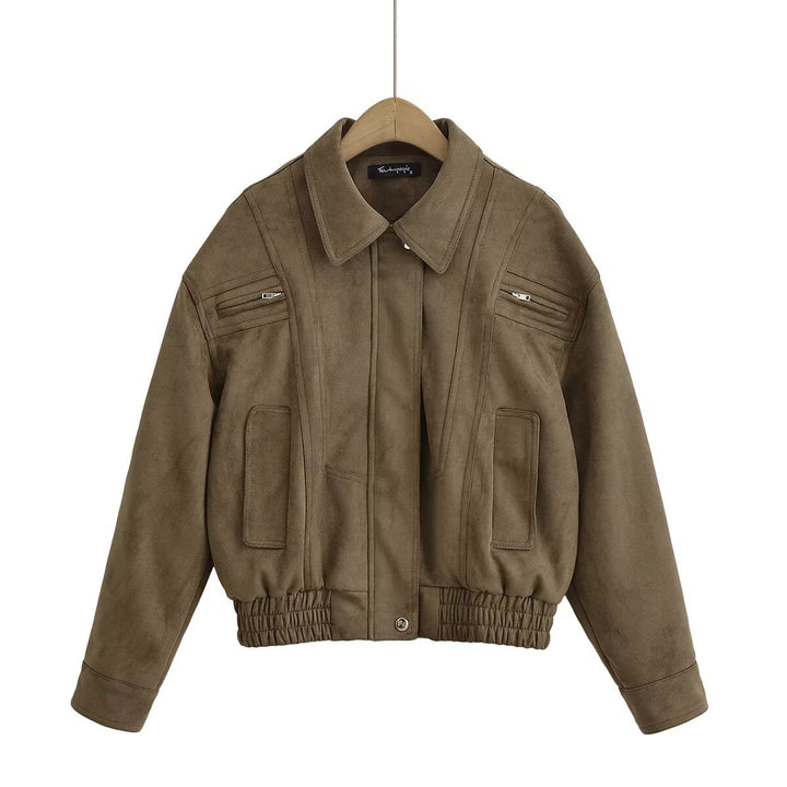 Damen Kunstleder Blousonjacke mit praktischen Taschen und elastischem Saum Drune