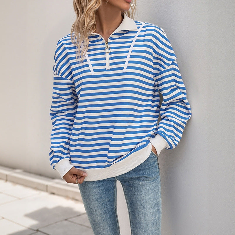 Damen gestreiftes Sweatshirt mit innovativer Kapuze und sportlichem Kragen Drune