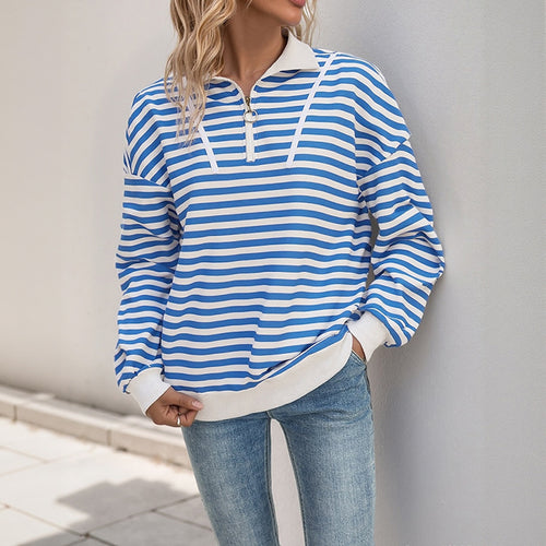 Damen gestreiftes Sweatshirt mit innovativer Kapuze und sportlichem Kragen Drune