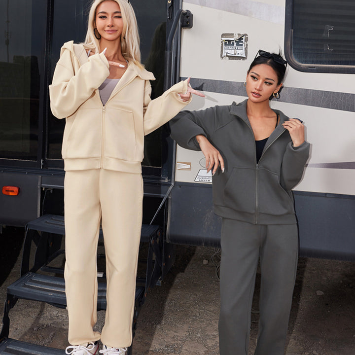 Damen nan athletisches Freizeit-Set mit Zip-Hoodie im Oversize-Schnitt und taillenhoher Komfort-Jogginghose Drune