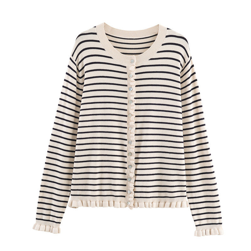 Damen modische gestreifte Strickjacke mit Rüschensaum und Knopfdetails Drune