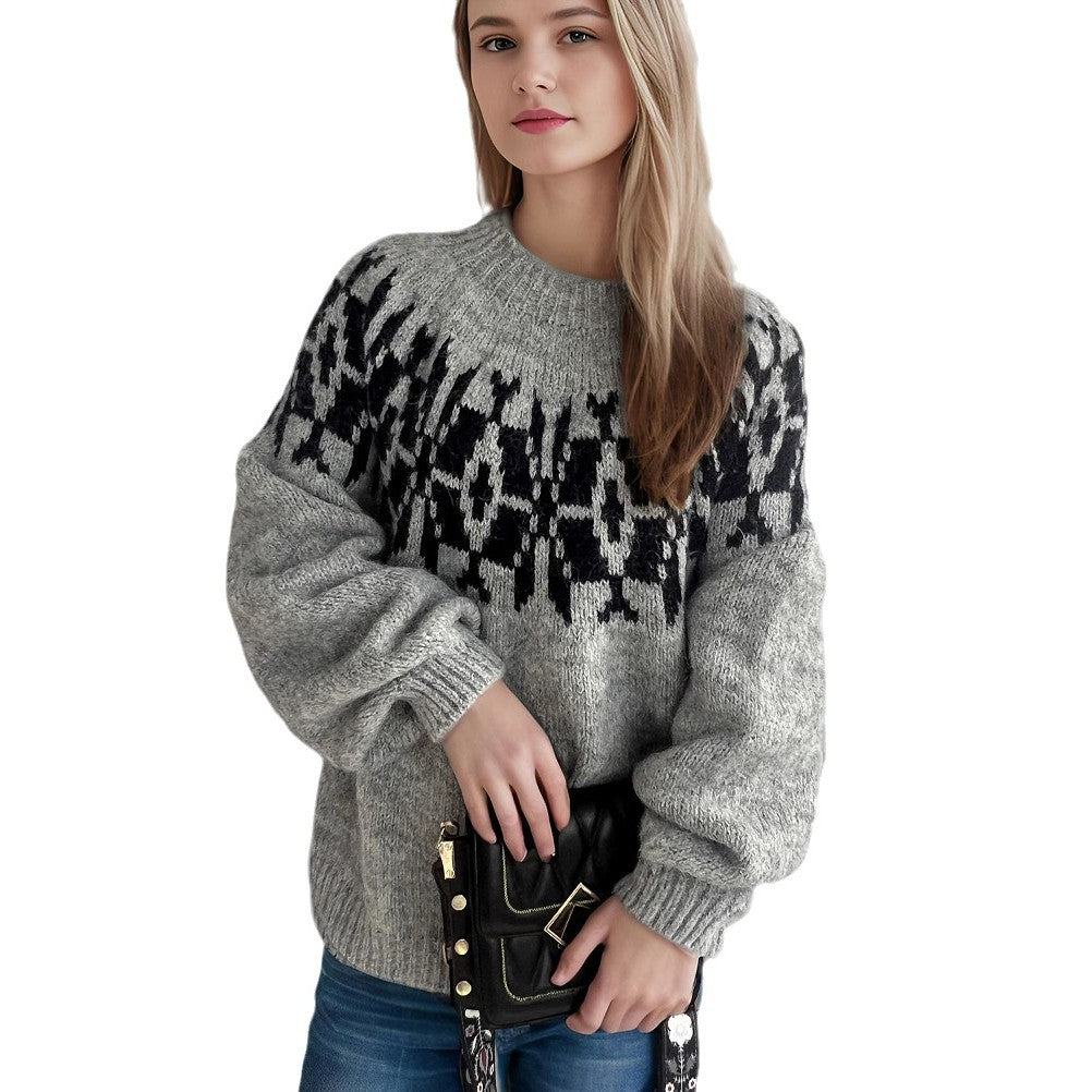 Damen Strickpullover mit voluminösen Ärmeln und modernem Muster Drune