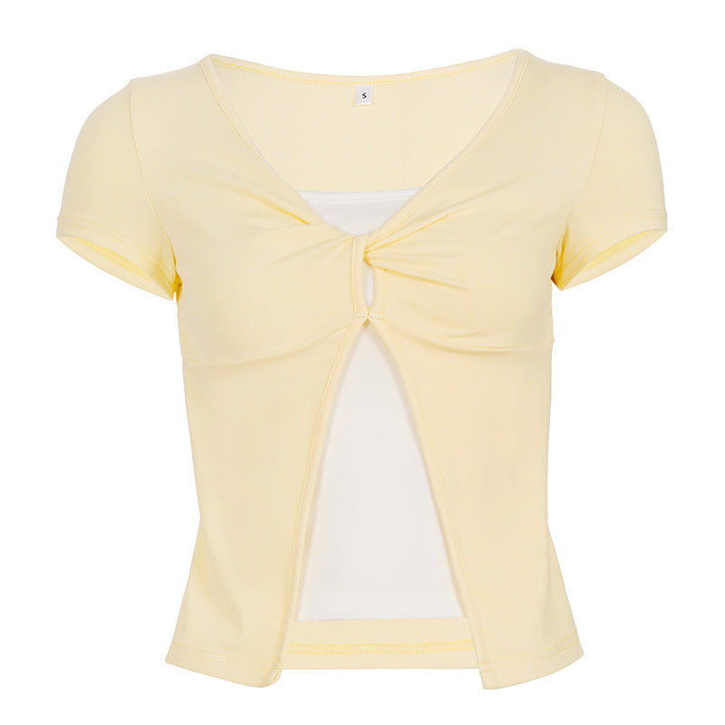 Damen Süßes kurzes T-Shirt mit Knoten-Design und Cut-out-Details Drune