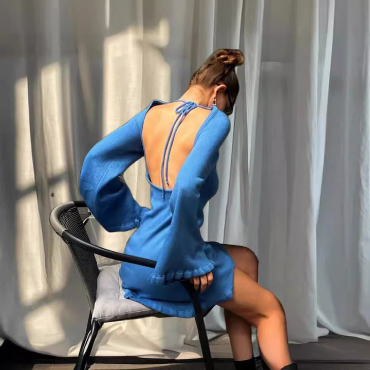 Damen Strickkleid mit tiefem Rückenausschnitt und Weitenärmeln Drune