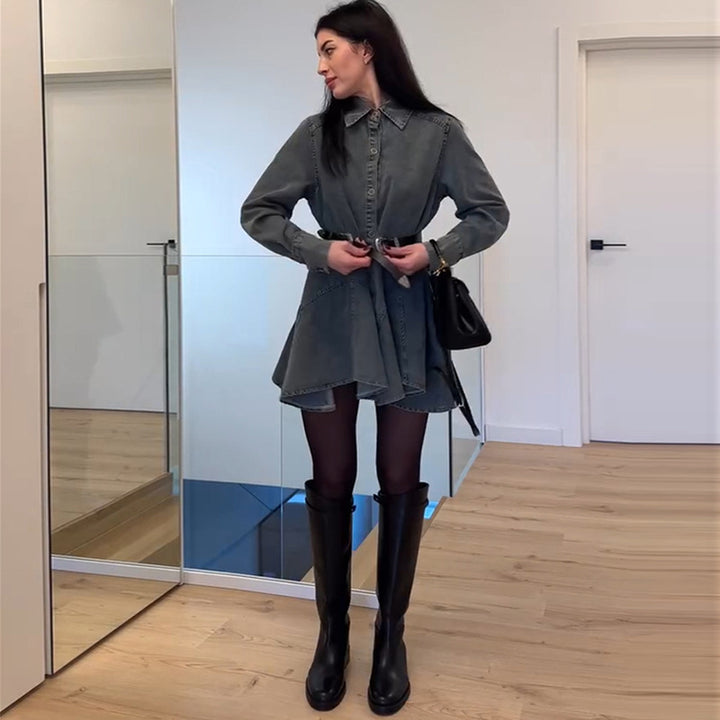 Damen Denim Knopfkleid mit tailliertem Schnitt und Gürtel Drune