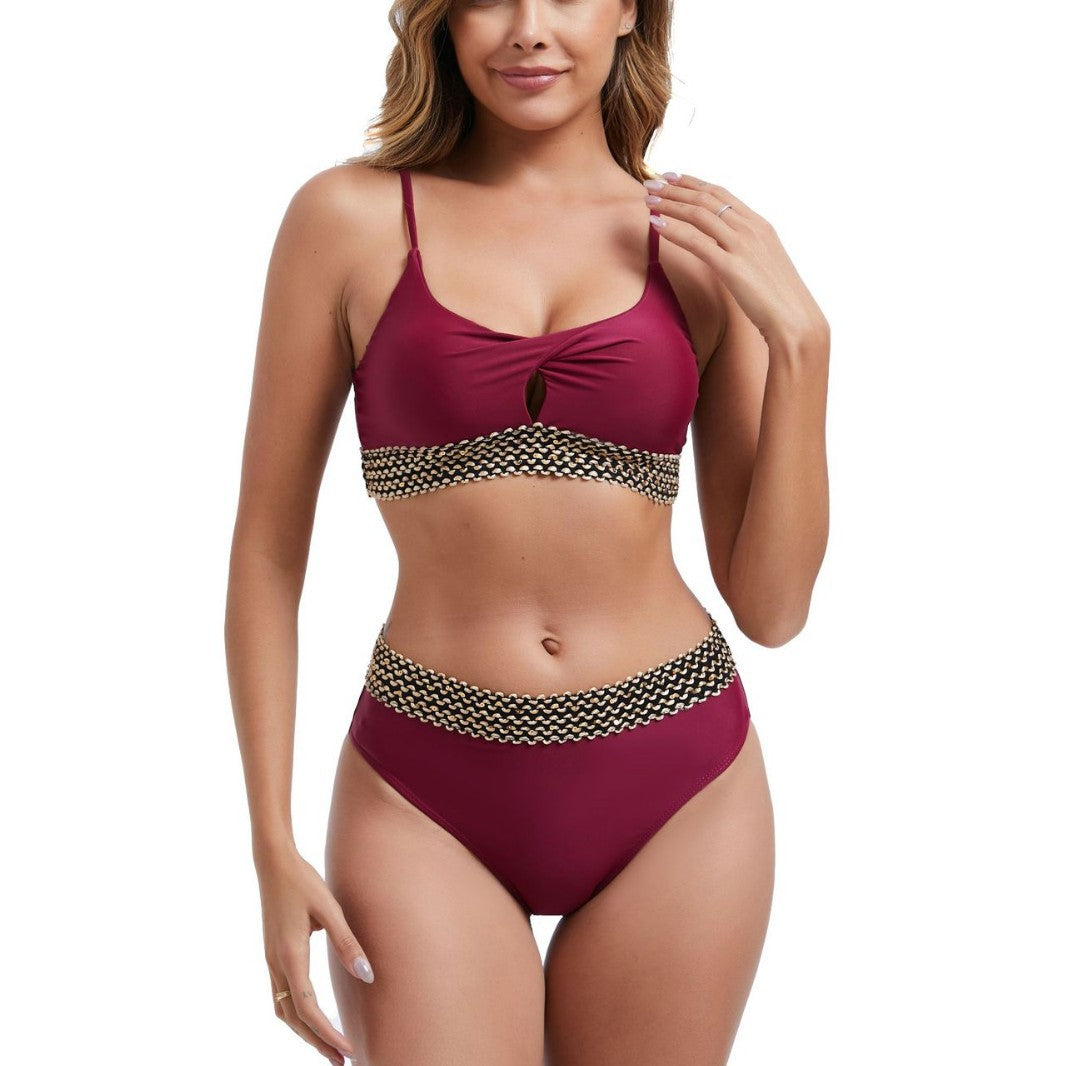 Damen Hoch tailliertes Bikini-Set mit dekorativem Knotendetail Drune
