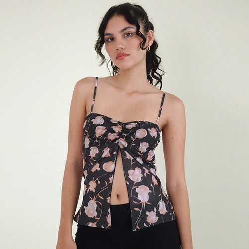 Damen Cami-Top mit floralem Design und nostalgischem Knotenverschluss Drune