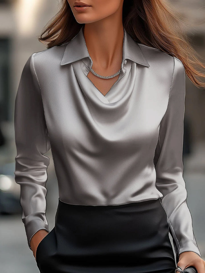 Damen Seidene Bluse mit schickem Wasserfall-Ausschnitt und lange Ärmel Drune