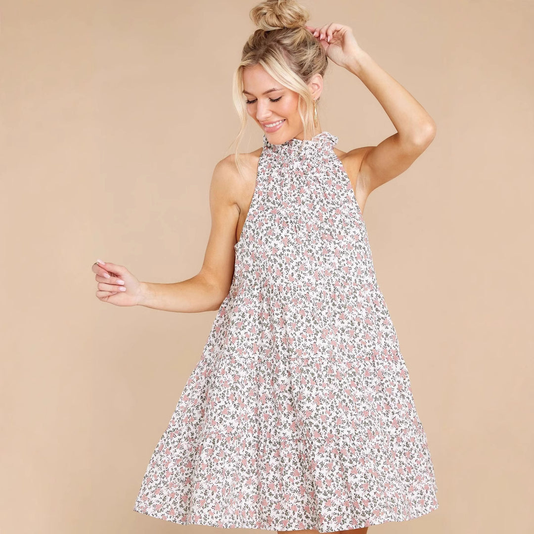 Damen Neckholder-Kleid mit verspielt-floralem Design und Rüschendetails Drune