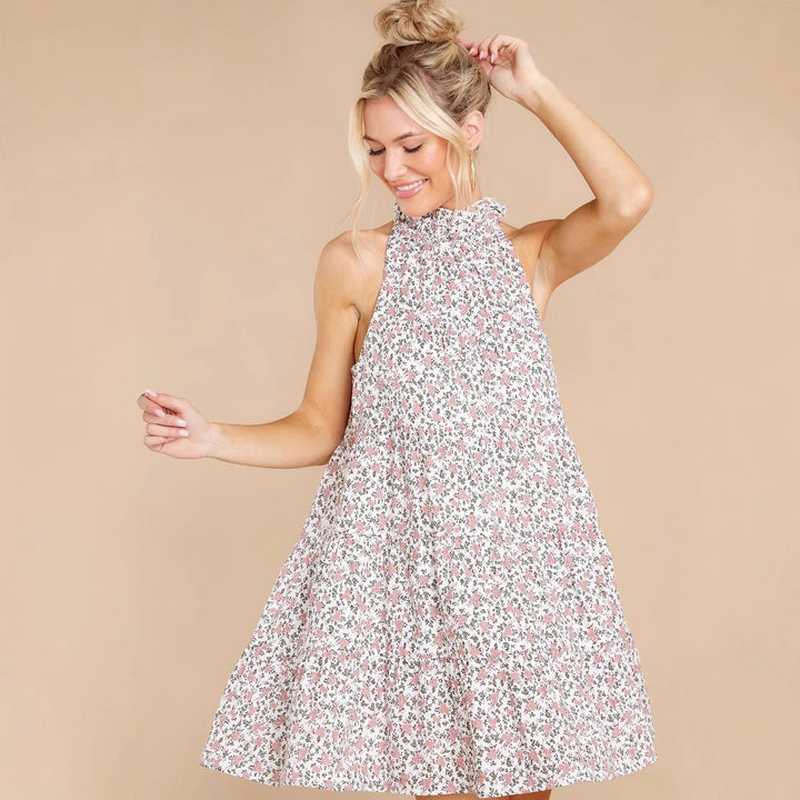 Damen Neckholder-Kleid mit verspielt-floralem Design und Rüschendetails Drune
