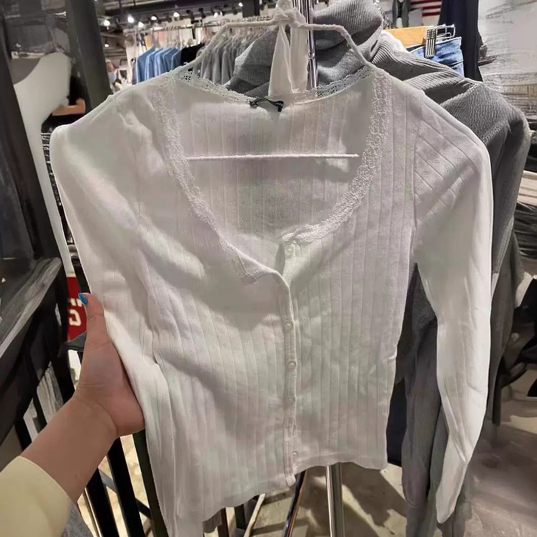 Damen feines Langarmshirt mit zarter Spitzenverzierung Drune