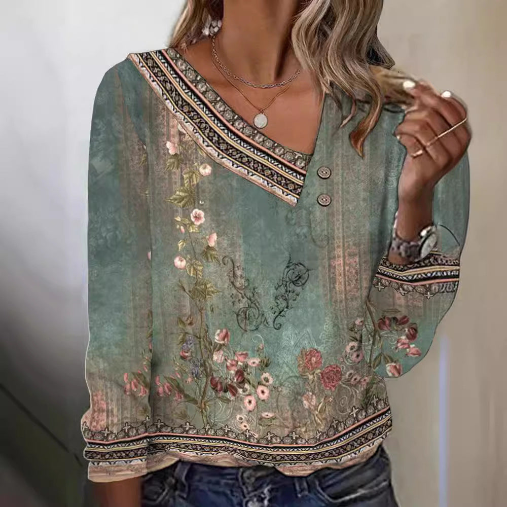 Damen Bluse mit floralem Muster und stylischem V-Ausschnitt Drune