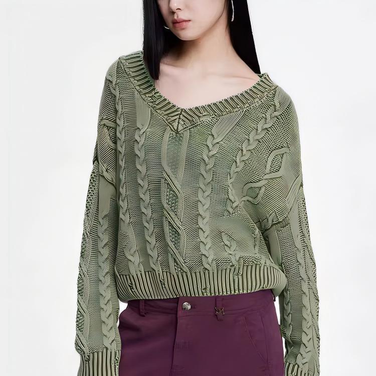 Damen Strickpullover mit Zopfmuster und V-Ausschnitt Drune