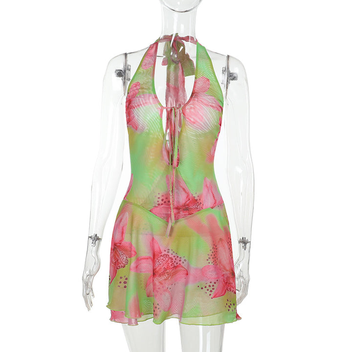 Damen Strandkleid mit raffinierten Blumenmotiven und verstellbarem Halterneck Drune