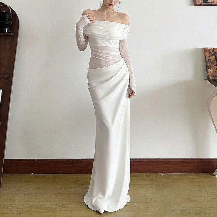 Damen Elegantes Off-Shoulder Maxikleid mit Rüschendetails und langem Arm Drune