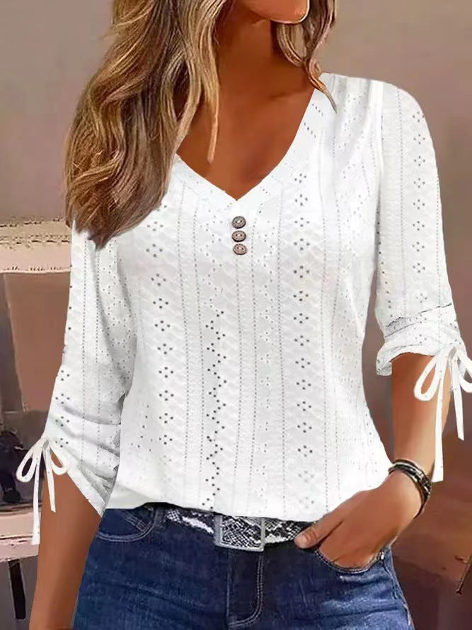 Damen Blusenshirt mit raffiniertem Lochmuster und Knopfdetails Drune