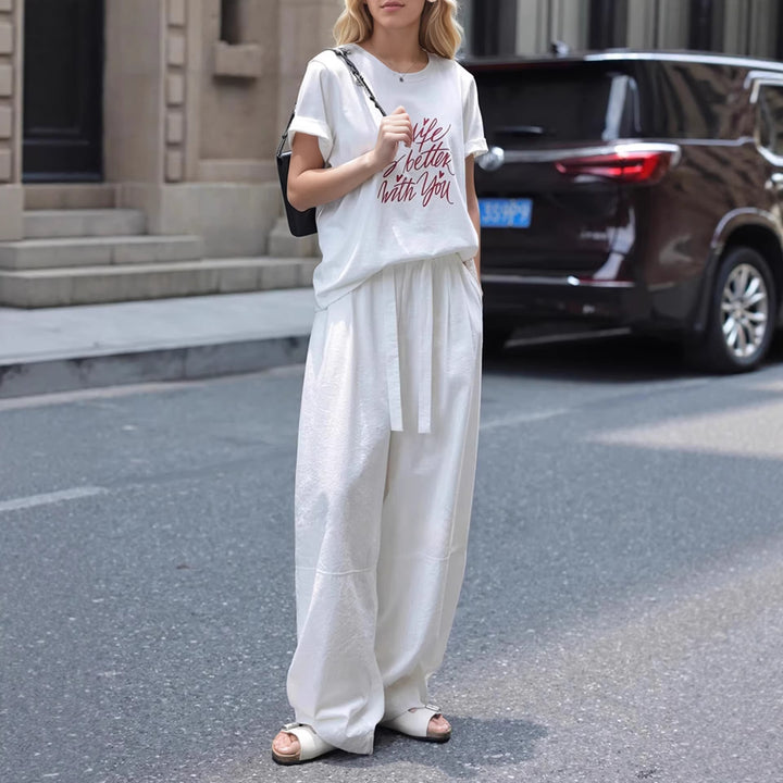 Damen Lässige und bequeme weite Hose mit seitlichem Bindegürtel Drune