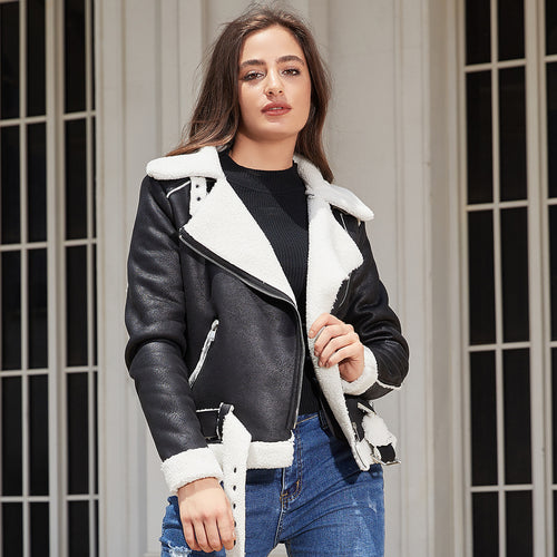 Damen nan taillierte Lammfellimitat-Fliegerjacke mit Gürtel und Teddyfutter Drune