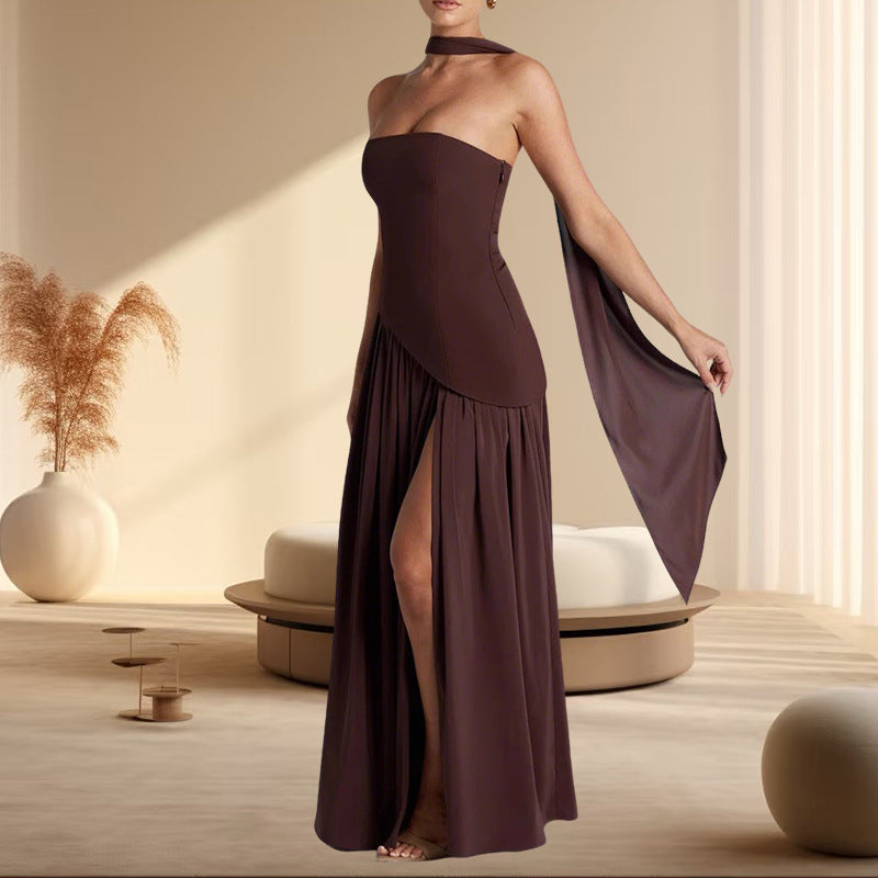 Damen Raffiniertes Maxi-Kleid mit asymmetrischem Oberteil und hohem Schnitt Drune