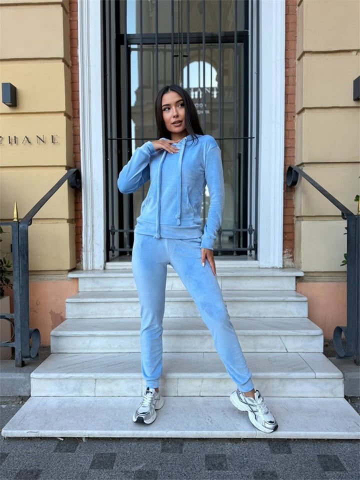 Damen lässiges Fleece-Jogginganzug-Set mit Kapuze und elastischem Bund Drune