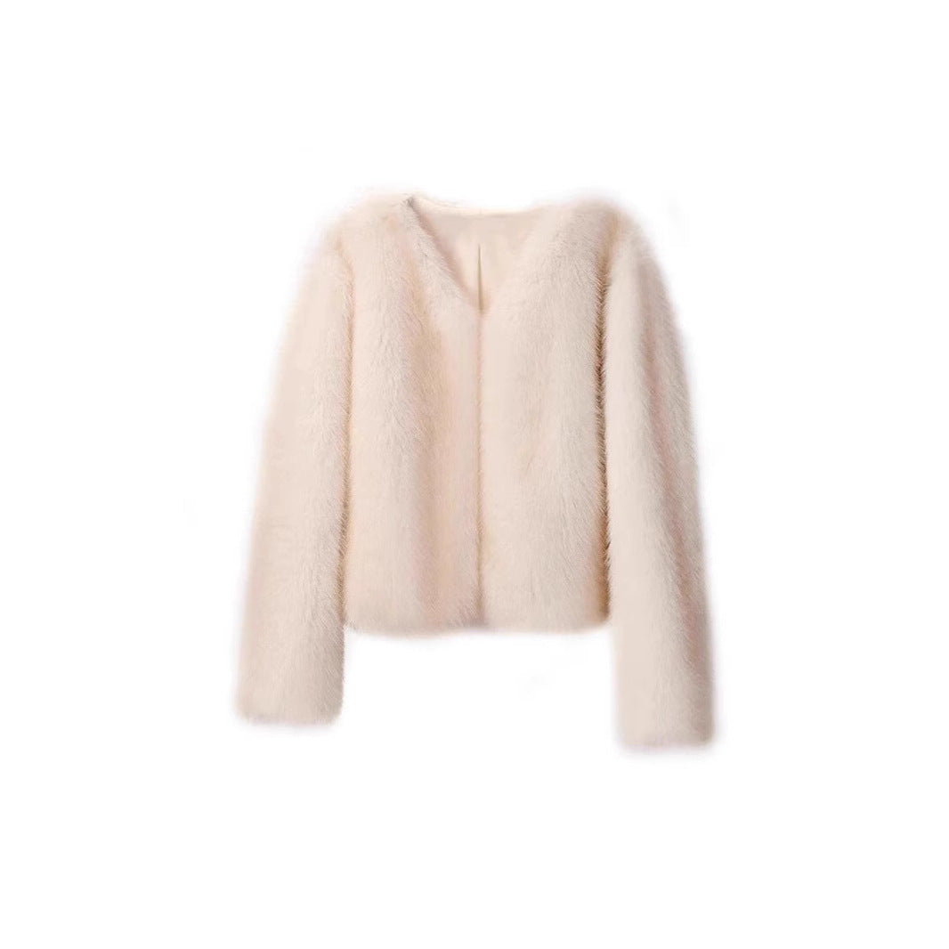 Damen luxuriöse Plüschjacke mit V-Ausschnitt Drune