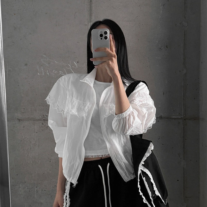 Damen elegante Übergangsjacke mit Rüschendetails Drune