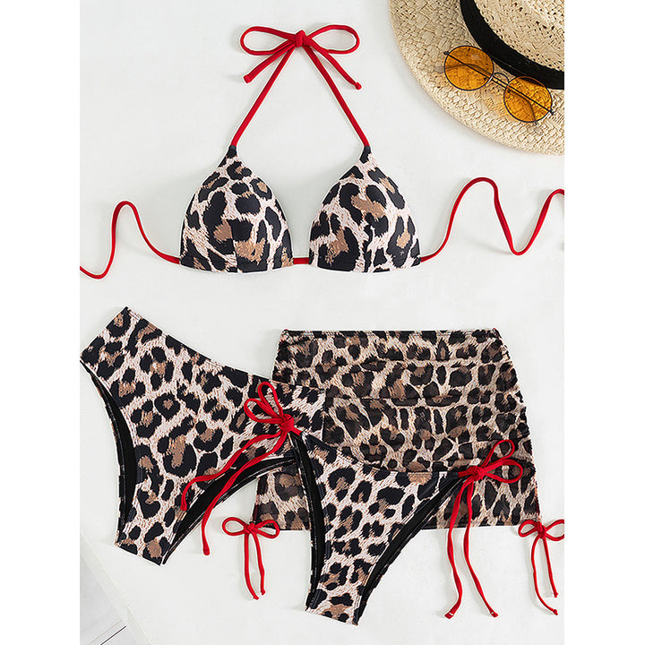 Damen Triangel-Bikini-Set mit modischem Leopardenmuster und elegantem Wickelrock Drune
