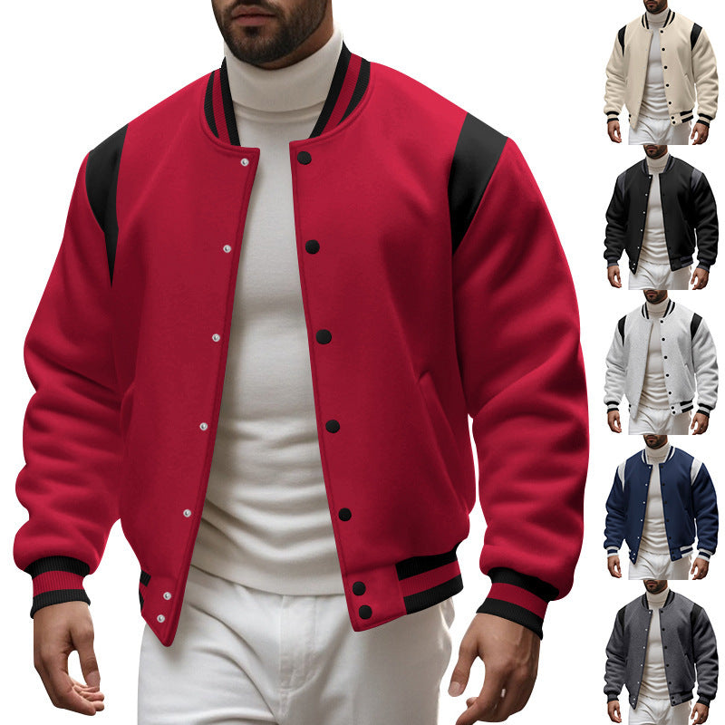Herren nan College-Baseballjacke mit Druckknopfleiste, geripptem Kragen und kontrastierten Schulterpassen Drune