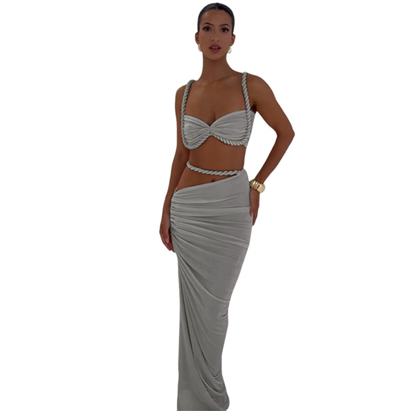Damen Set mit crop Top und langem Rüschenrock Drune