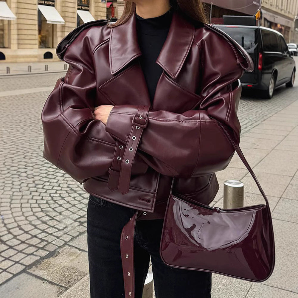 Damen Oversize Kunstlederjacke mit markantem Kragen und strukturiertem Design Drune