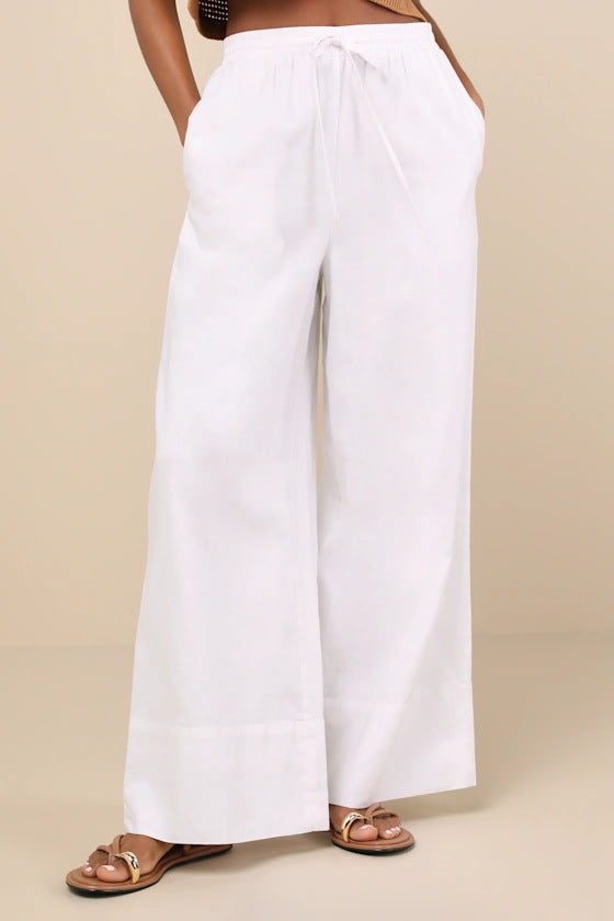 Damen Weite Leinenhose mit elastischem Bund und seitlichen Taschen Drune