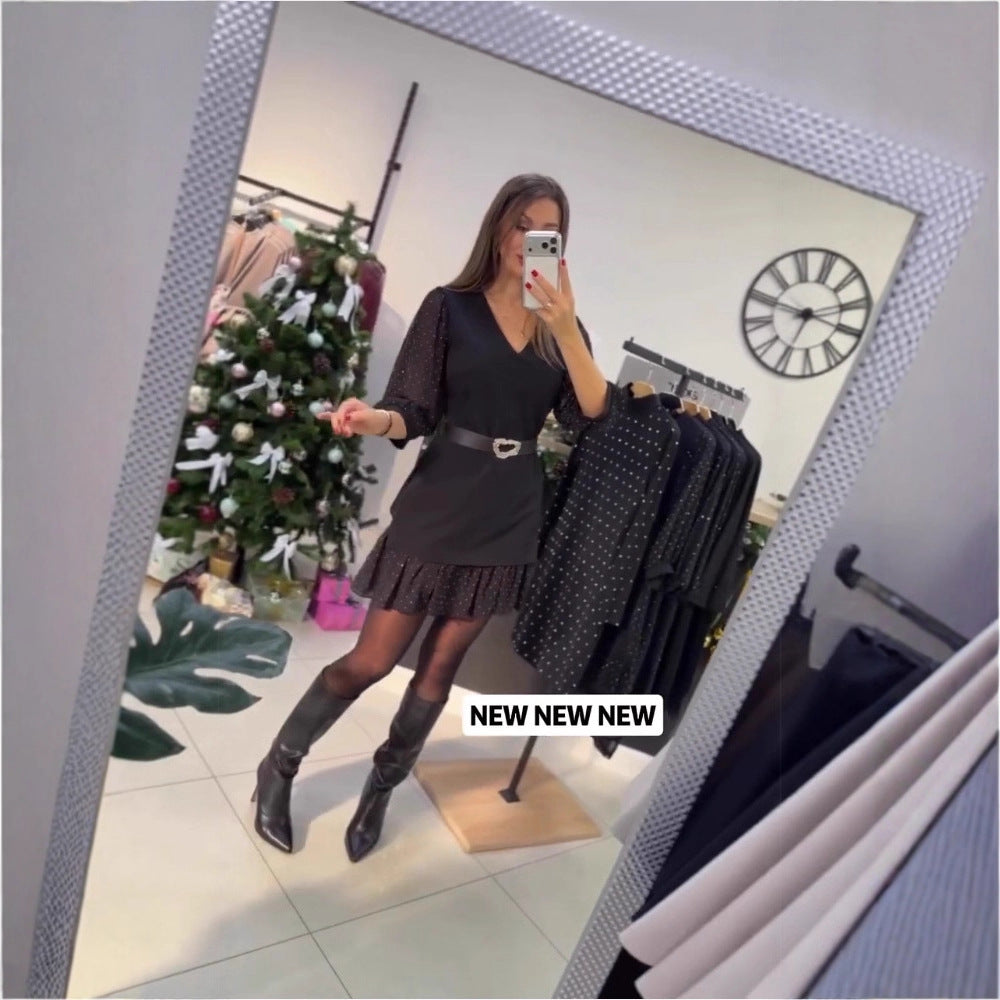 Damen elegantes Kleid mit transparenten Puffärmeln und schließendem Gürtel Drune