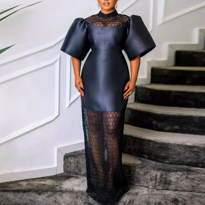 Damen Elegantes Maxikleid mit dekorativen Puffärmeln und romantischem Spitzenunterbau Drune