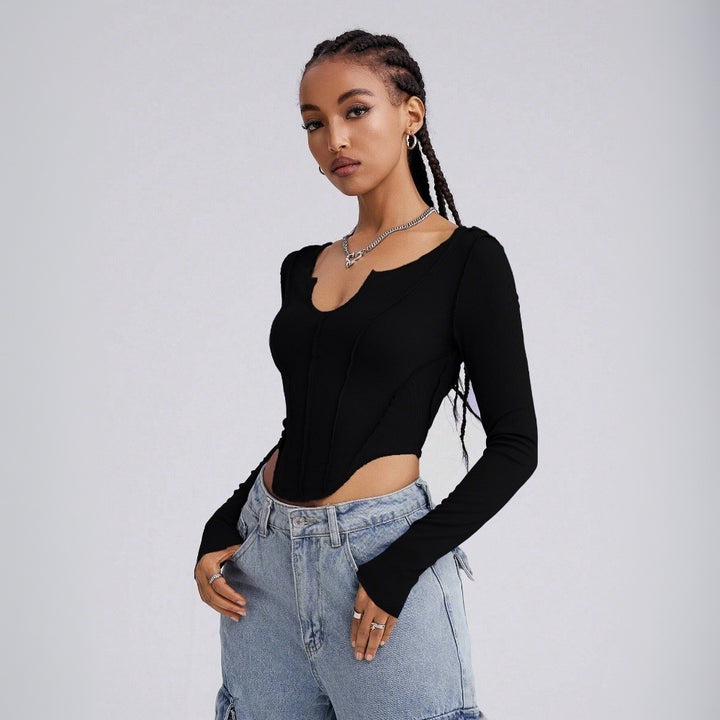 Damen Langarm-Bodysuit mit tiefem V-Ausschnitt und raffinierten Cut-Out-Details Drune
