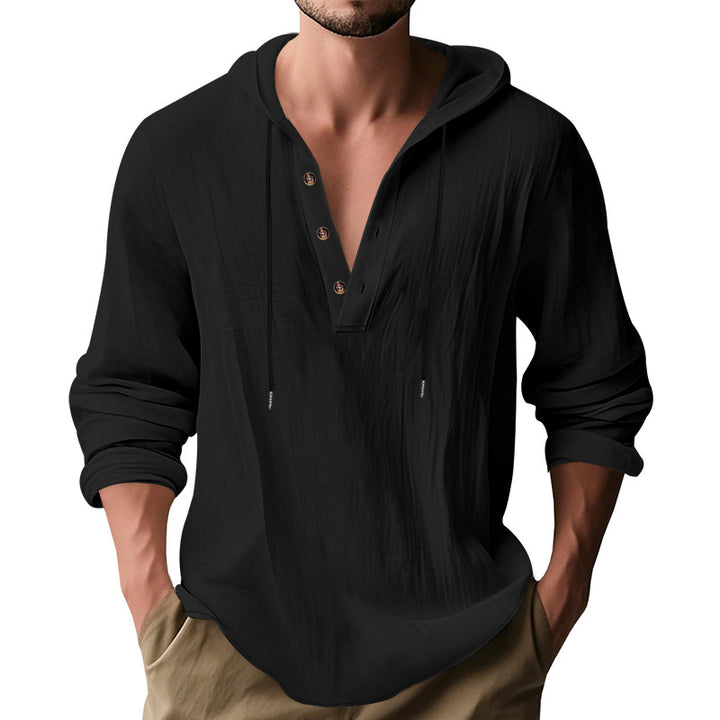 Herren nan lässiges Leinenhemd mit Kapuze und Henley-Knopfleiste Drune