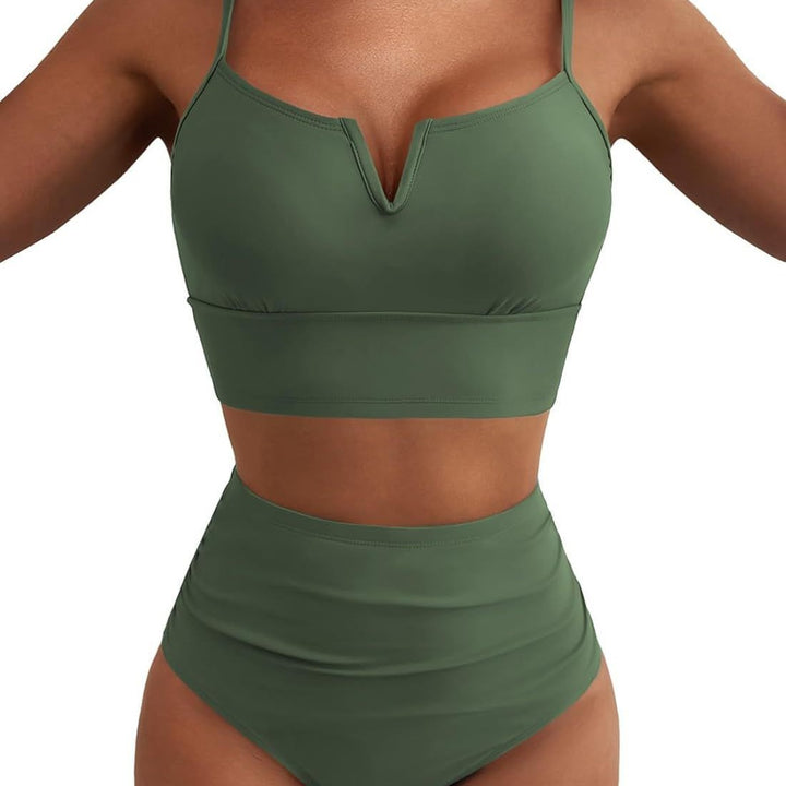 Damen Hochtailliertes Bikini-Set mit V-Ausschnitt und breiten Trägern Drune