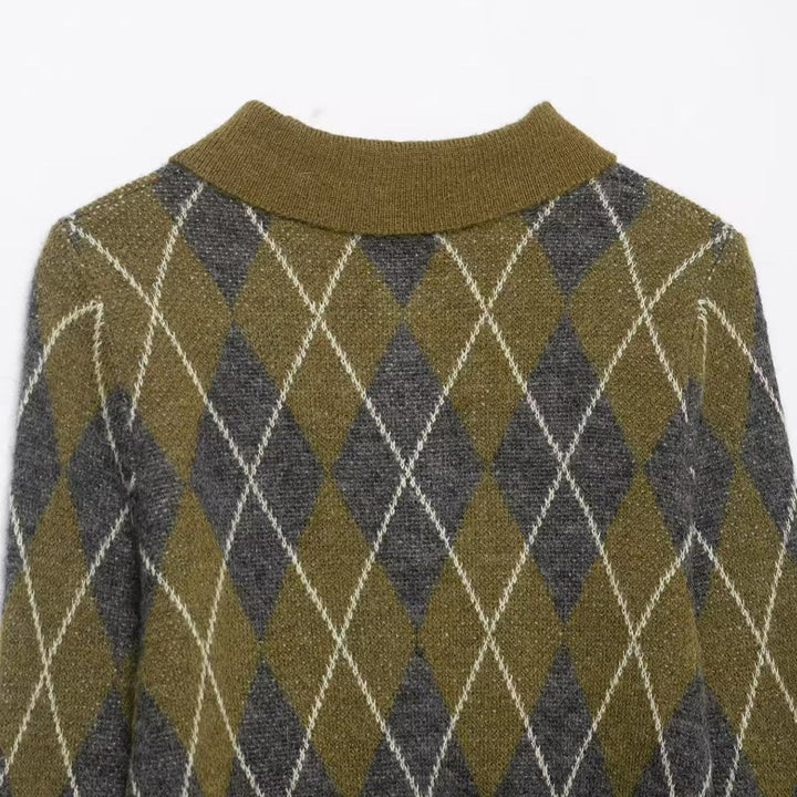 Damen nan Argyle-Polo-Strickpullover mit Cropped-Schnitt, Rippbündchen und Knopfleiste Drune