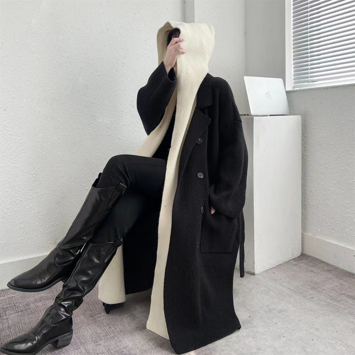 Damen Eleganter langer Mantel mit Gürtel und kontrastierenden Ärmeln Drune