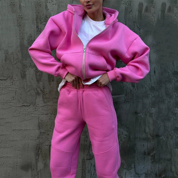 Damen kuscheliger Fleece-Jogginganzug mit hohem Kragen und durchgehendem Reißverschluss Drune