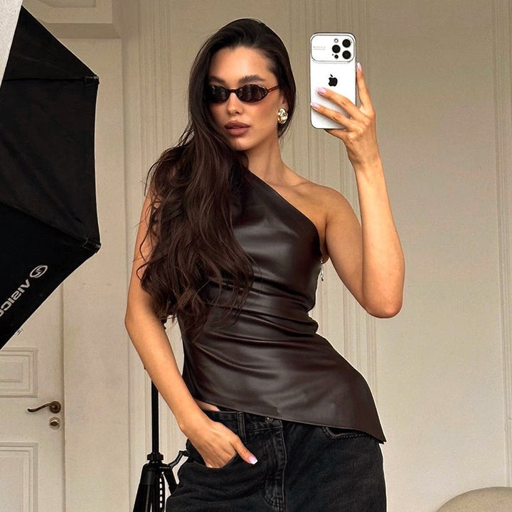 Damen Elegantes asymmetrisches Oberteil aus Kunstleder Drune