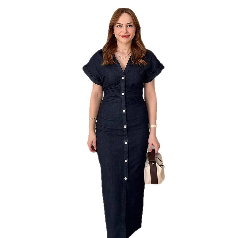 Damen Langarm Kleid mit Knopfverschluss und klassischem Hemdkragen Drune