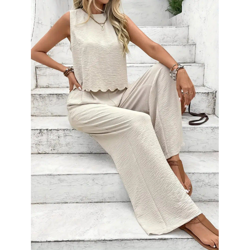 Damen entspannendes Zweiteiler-Outfit mit weitem Hosen und ärmellosem Top Drune