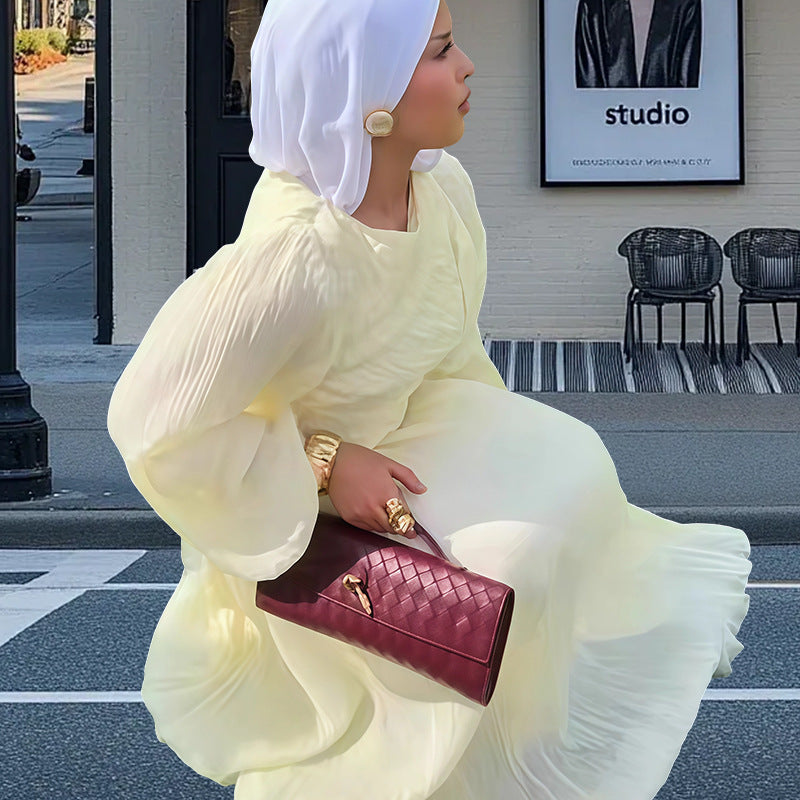 Damen Elegantes Plissiertes Maxikleid mit Raffungen und langen Ärmeln Drune