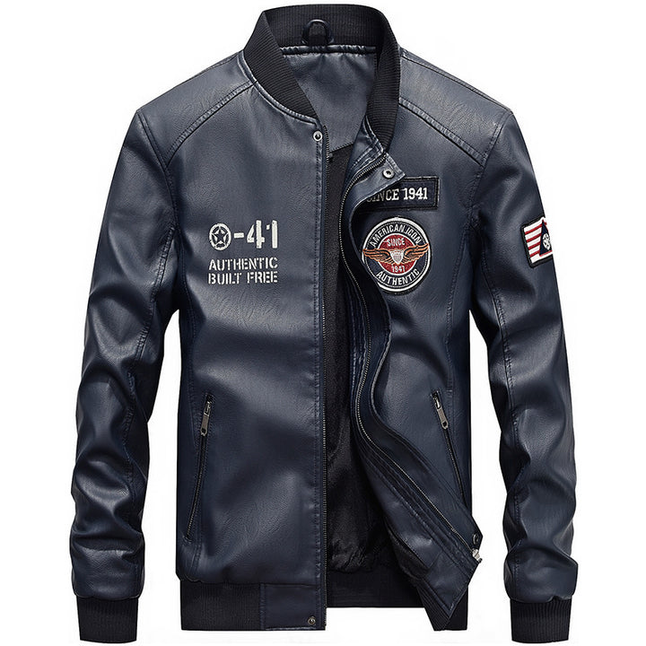 Herren nan leichte Kunstleder-Bomberjacke im Pilotenstil mit gestickten Patches und verdeckter Reißverschlussleiste Drune